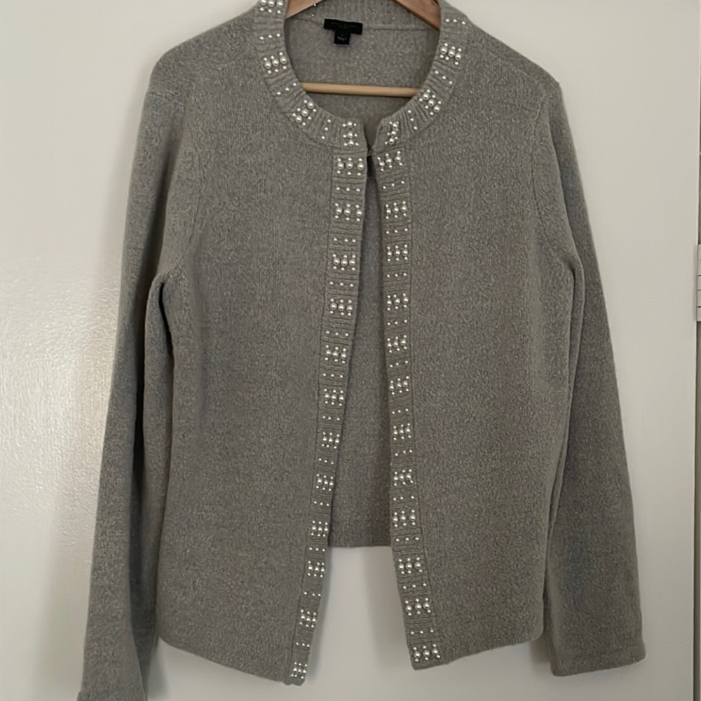 Ann Taylor Gray Cardigan with Pearl Accents